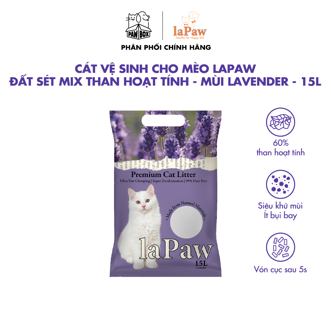 Cát vệ sinh cho mèo laPaw đất sét mix than hoạt tính siêu vón cục, siêu khử mùi, thơm lâu, ít bụi 15L