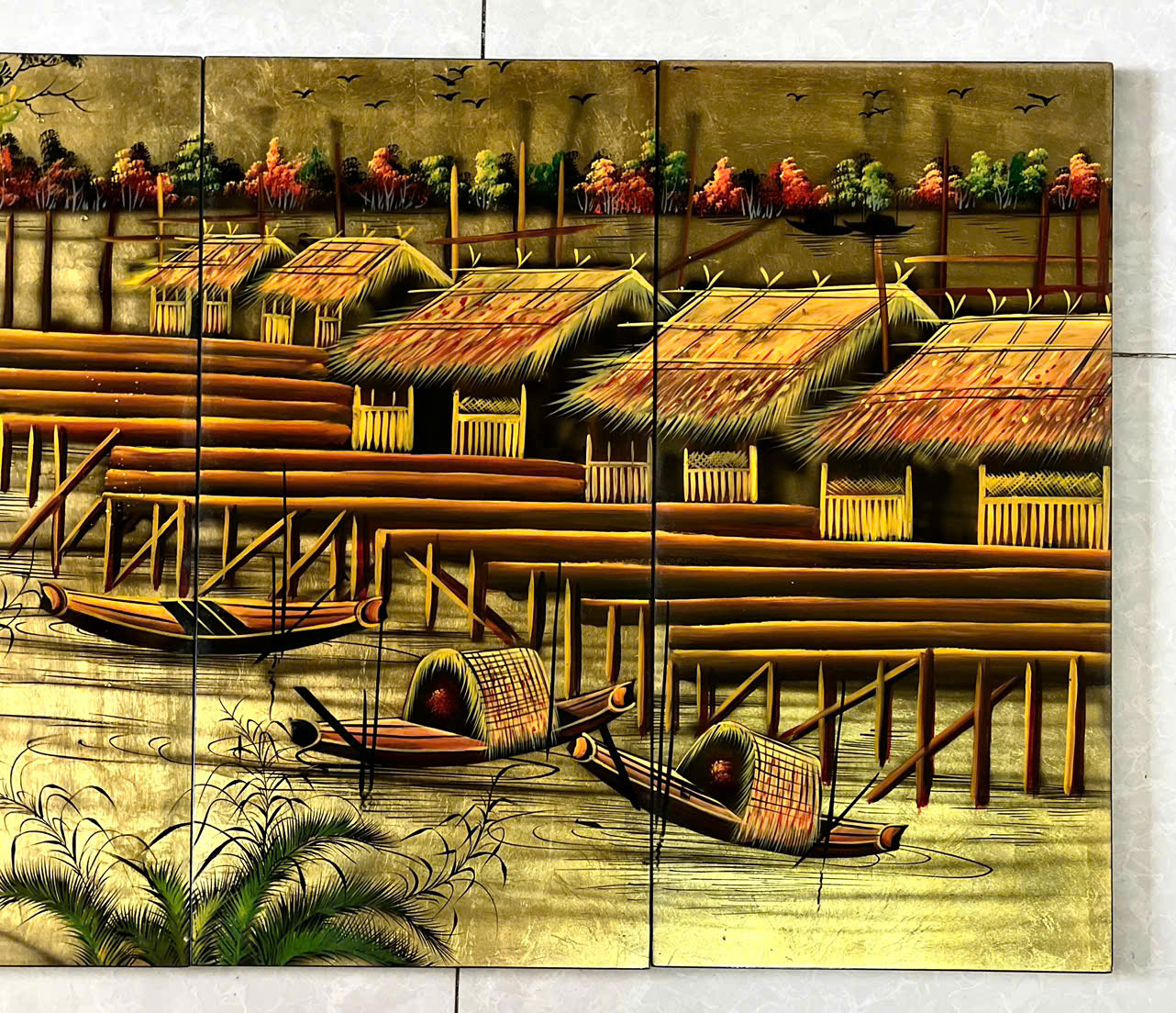 Bộ Tranh sơn mài - ĐỒNG QUÊ VIỆT NAM - Size 60x120 cm - Nền dát vàng cao cấp