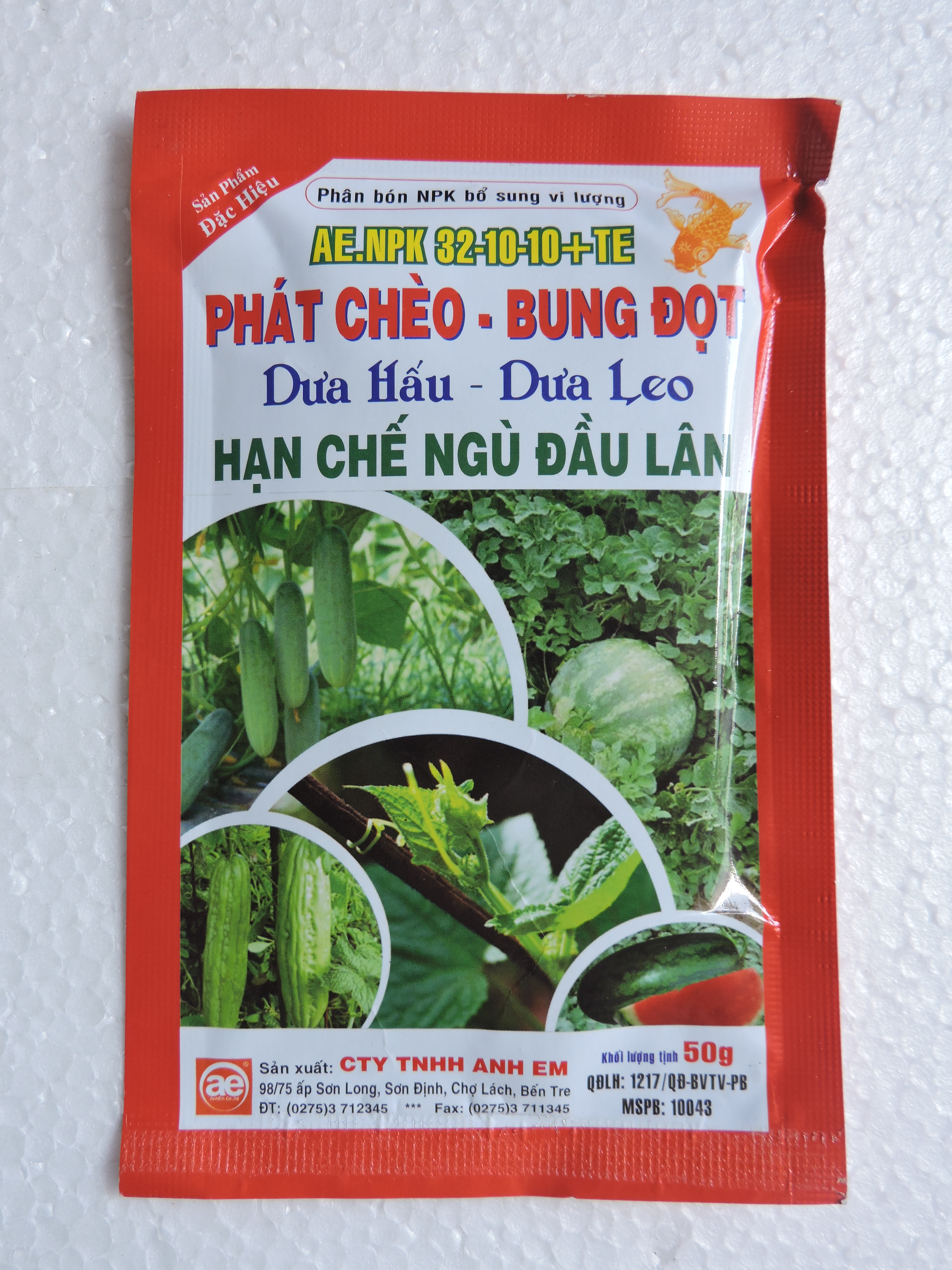 PHÂN BÓN NPK BỔ SUNG VI LƯỢNG AE.NPK 32-10-10+TE PHÁT CHÈO - BUNG ĐỌT DƯA HẤU DƯA LEO HẠN CHẾ NGÙ ĐẦU LÂN, SỬ DỤNG TRÊN DƯA HẤU DƯA LEO RAU MÀU CÁC  LOẠI VÀ HOA KIỂNG