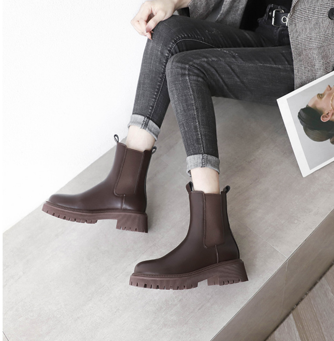 [ Size 35- 40] Giày boot nữ cổ thun ngắn ĐẾ DẦY màu nâu ĐƠN GIẢN GBN122C