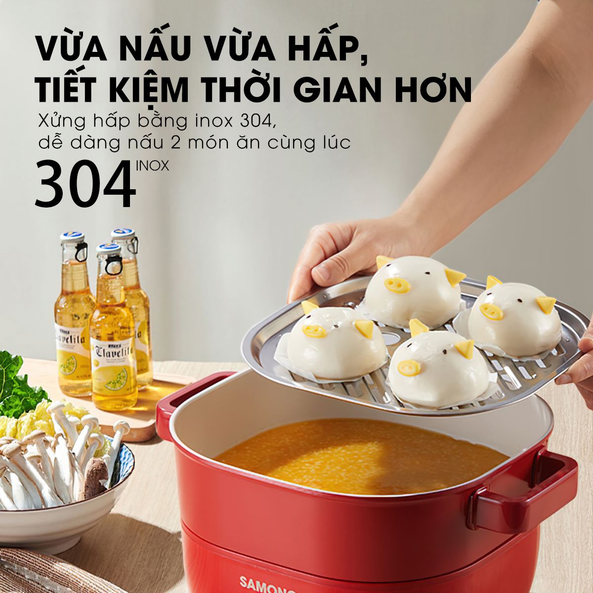 Nồi Điện Đa-zi-năng SAMONO SW-DG03 - Thiết Kế Tháo Rời - Điều Chỉnh 4 Mức Lửa - Kèm Theo Ngăn Hấp INOX304 - HÀNG CHÍNH HÃNG