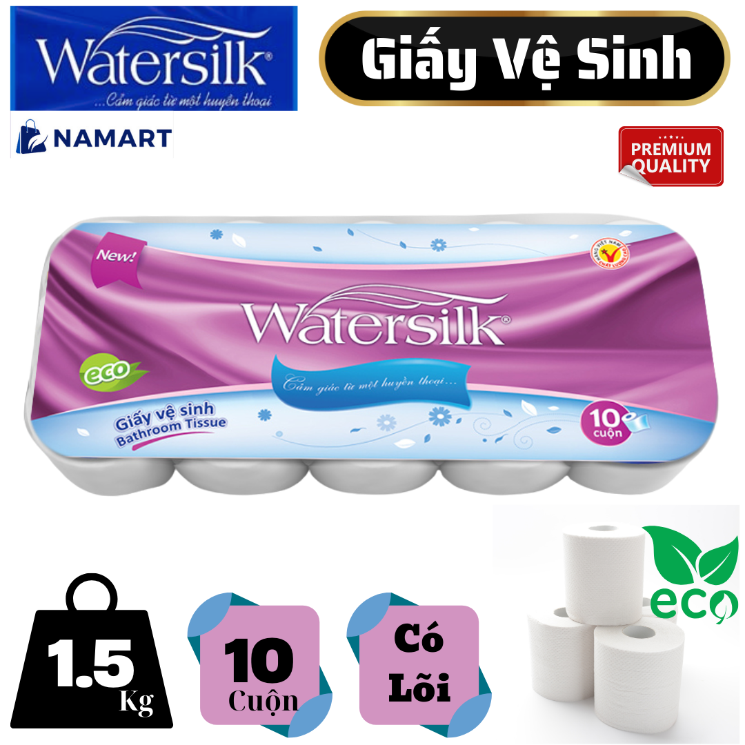 Giấy vệ sinh WATERSILK ECO 36M (R) Có Lõi 3 Lớp siêu dai mịn 1.5Kg - 100% Bột giấy nguyên sinh - Hàng chính hãng.