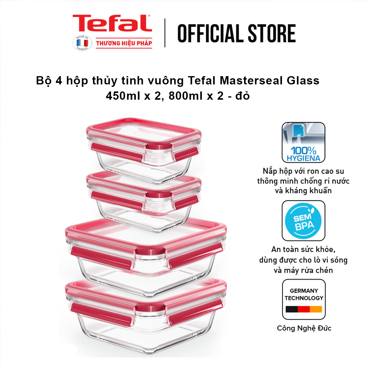 Bộ 4 hộp thủy tinh vuông Tefal Masterseal Glass 450ml x 2, 800ml x 2 - đỏ