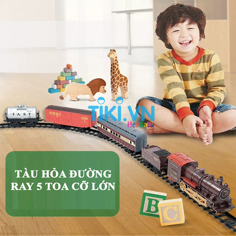 Bộ Đồ Chơi Tàu Hỏa Chạy PIN, 5 Toa , Cỡ Lớn Có Nhạc, Đèn, Khói Mô Phỏng Và Đường Ray, Mẫu Mới Chất Lượng Cao