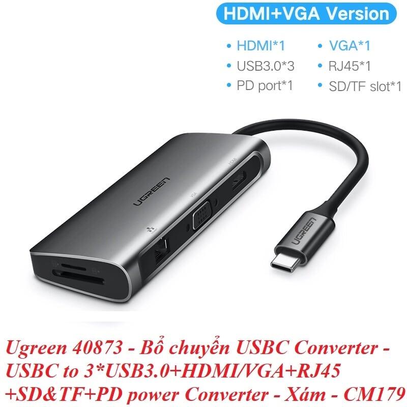 Ugreen UG40873CM179TK Bộ chuyển đổi TYPE C sang 3 USB 3.0 + HDMI + VGA + LAN + SD TF + hỗ trợ nguồn TYPE C - HÀNG CHÍNH HÃNG