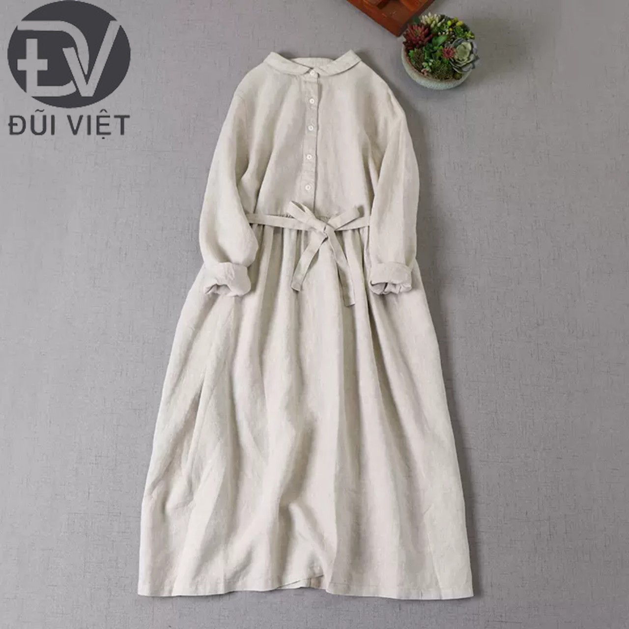Đầm Váy Sơ Mi Nữ Đũi Việt, Váy Sơ Mi Thắt Eo Tay Dài Hàn Quốc Phong Cách Vintage