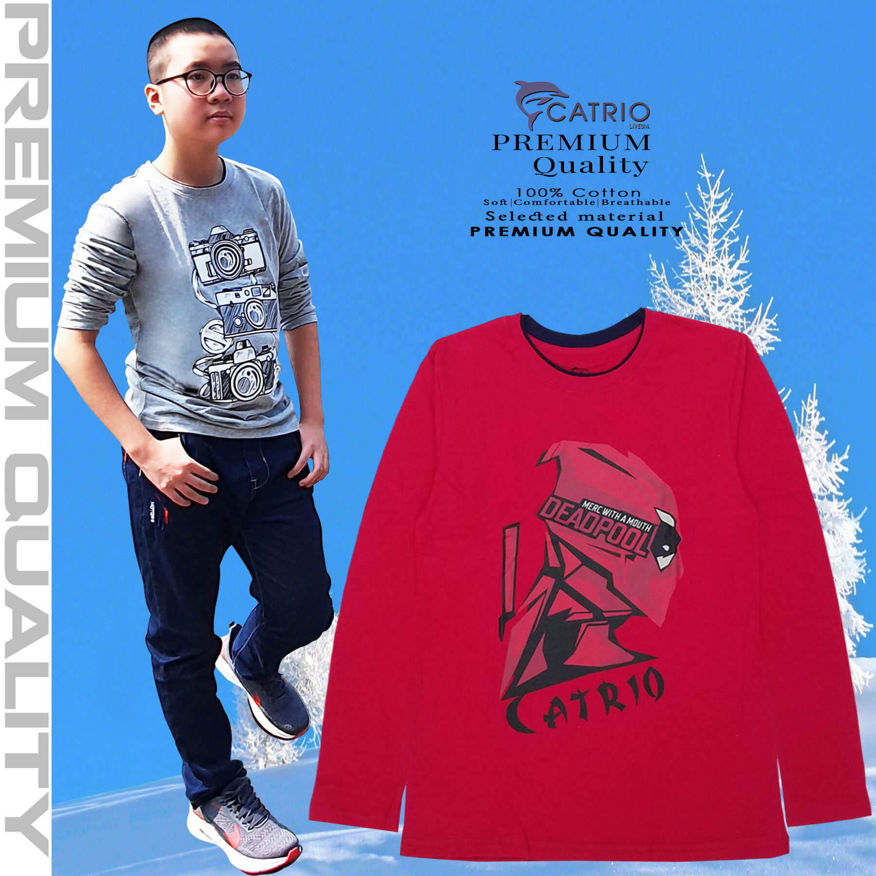 ÁO PHÔNG DÀI TAY BÉ TRAI CATRIO hình DEADPOOL, màu ĐỎ là áo thun cotton dài tay trẻ em từ 9 tuổi= 30kg 10T= 35kg 11T= 40kg 12 tuổi = 50kg thuộc BST quần áo trẻ em mùa thu đông CATRIO kết hợp với quần bò, quần dài thành bộ đồ mùa thu đông đẹp