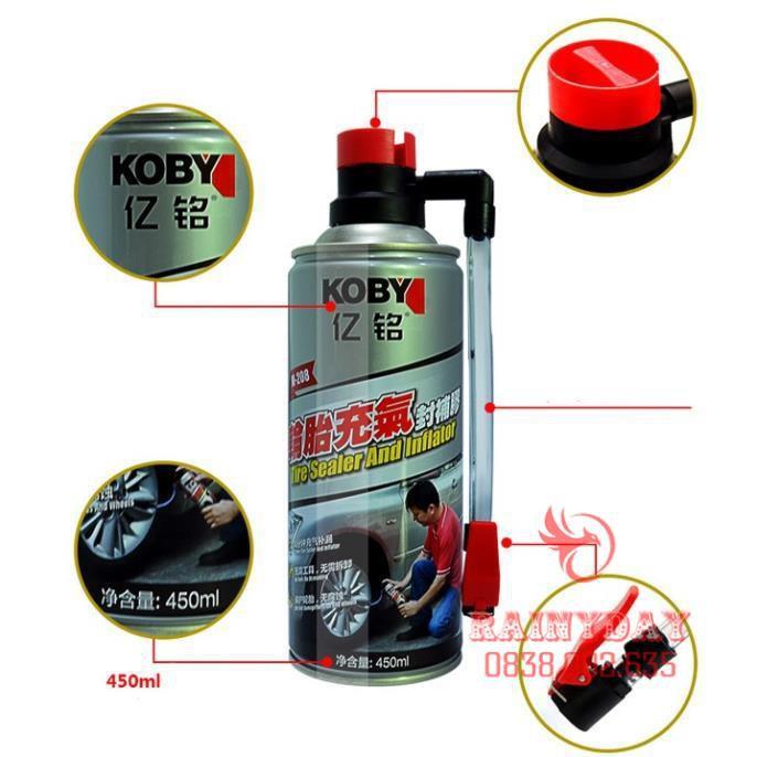 Bình chai bơm keo tự vá vỏ lốp bánh xe máy ô tô Koby 450ml khẩn cấp có và không săm thông minh