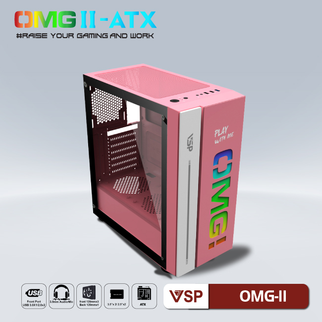 Vỏ máy tính Case VSP OMG II ATX LED Gaming (HỒNG) - Hàng chính hãng TECH VISION phân phối