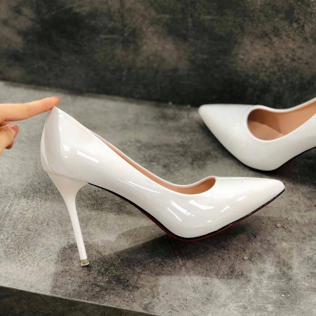Giày cao gót da bóng trơn đế đỏ mũi nhọn gót đũa 3 màu - 7P