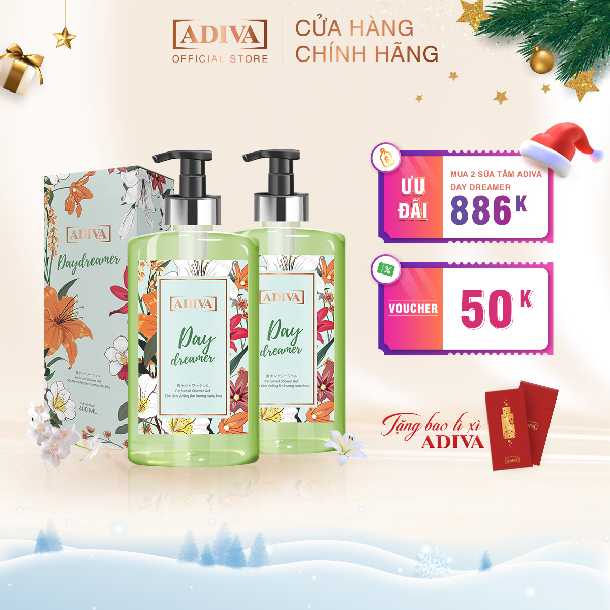 Combo 2 Chai Sữa Tắm Dưỡng Ẩm Hương Nước Hoa Adiva Day Dreamer (400ml/Chai)