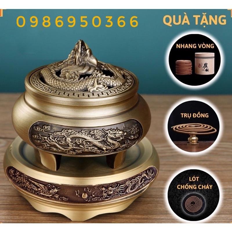 Bộ Lư xông trầm bằng đồng đúc hình rồng nổi và đế long phụng size to