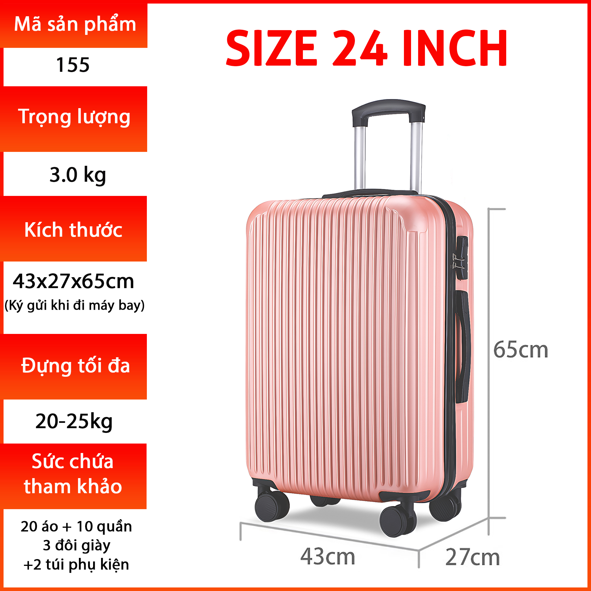 Vali du lịch kéo cao cấp Size 24inch- Chất lượng cao  KS-155 - Vàng hồng