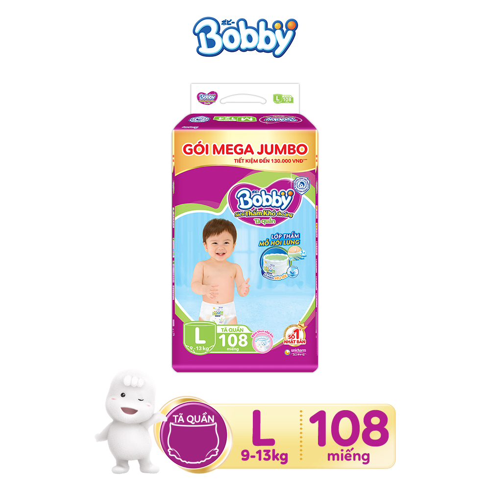 [Tặng thêm 8 miếng] Tã/bỉm quần Bobby 3mm Gạo non L96