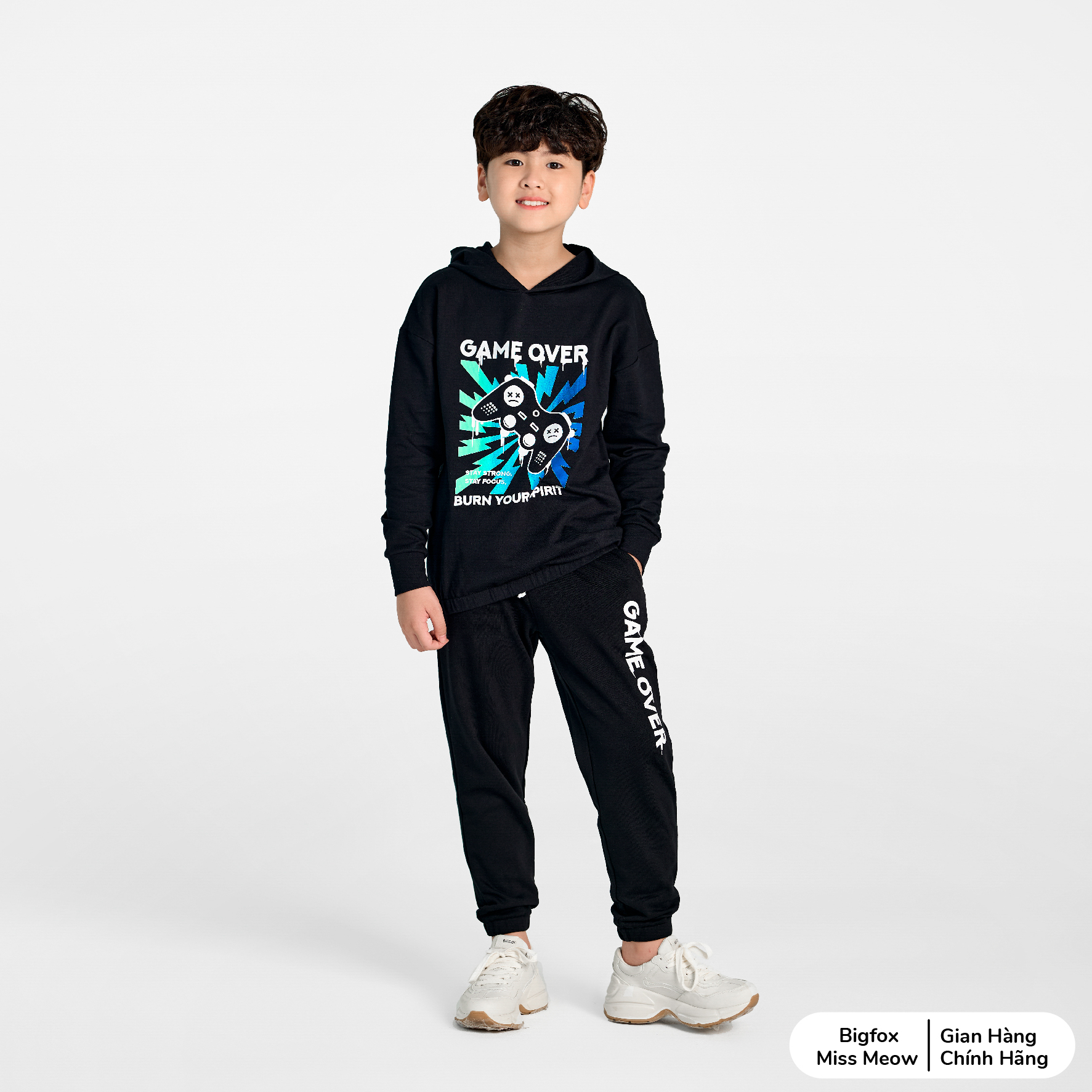 Bộ nỉ bé trai size đại Bigfox Miss Meow, bộ thu đông cho bé trai dáng hoodie họa tiết Game Over size trẻ em 7,8..15 tuổi