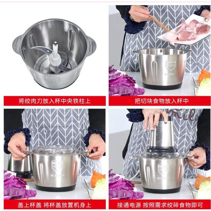 Máy Xay Thịt, Máy Say Thịt Cá Cối Inox 304 2L 4 Lưỡi Công Suất 250W Cao Cấp - Cối Xay thực phẩm rau củ quả đa năng
