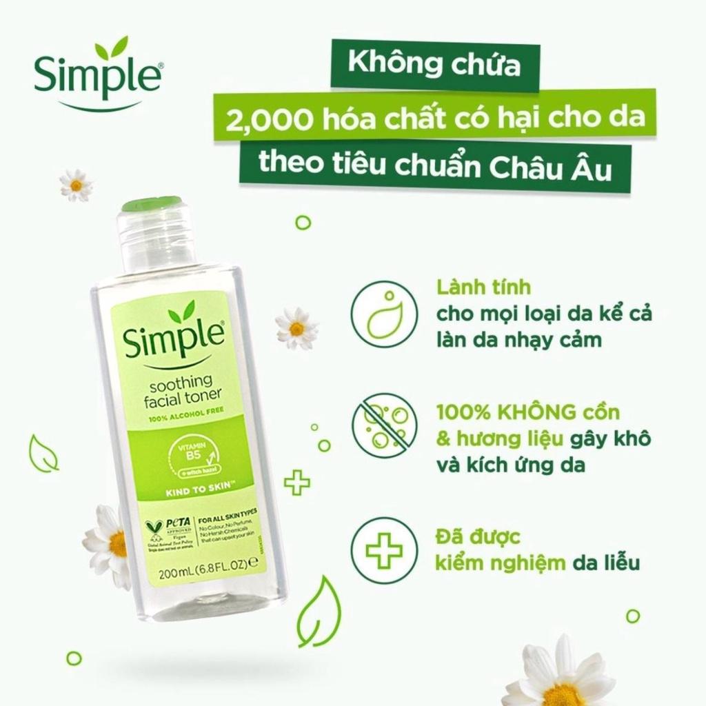 Combo 3 Simple Tẩy trang Micellar 200ml + Sữa Rửa Mặt Ngừa Mụn Xanh Ngọc 150ml + Nước hoa hồng Toner 200ml