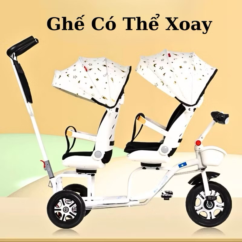 Xe đẩy đôi 3 bánh cho bé ngồi &amp; nằm - Có đèn nhạc - An toàn chắc chắn