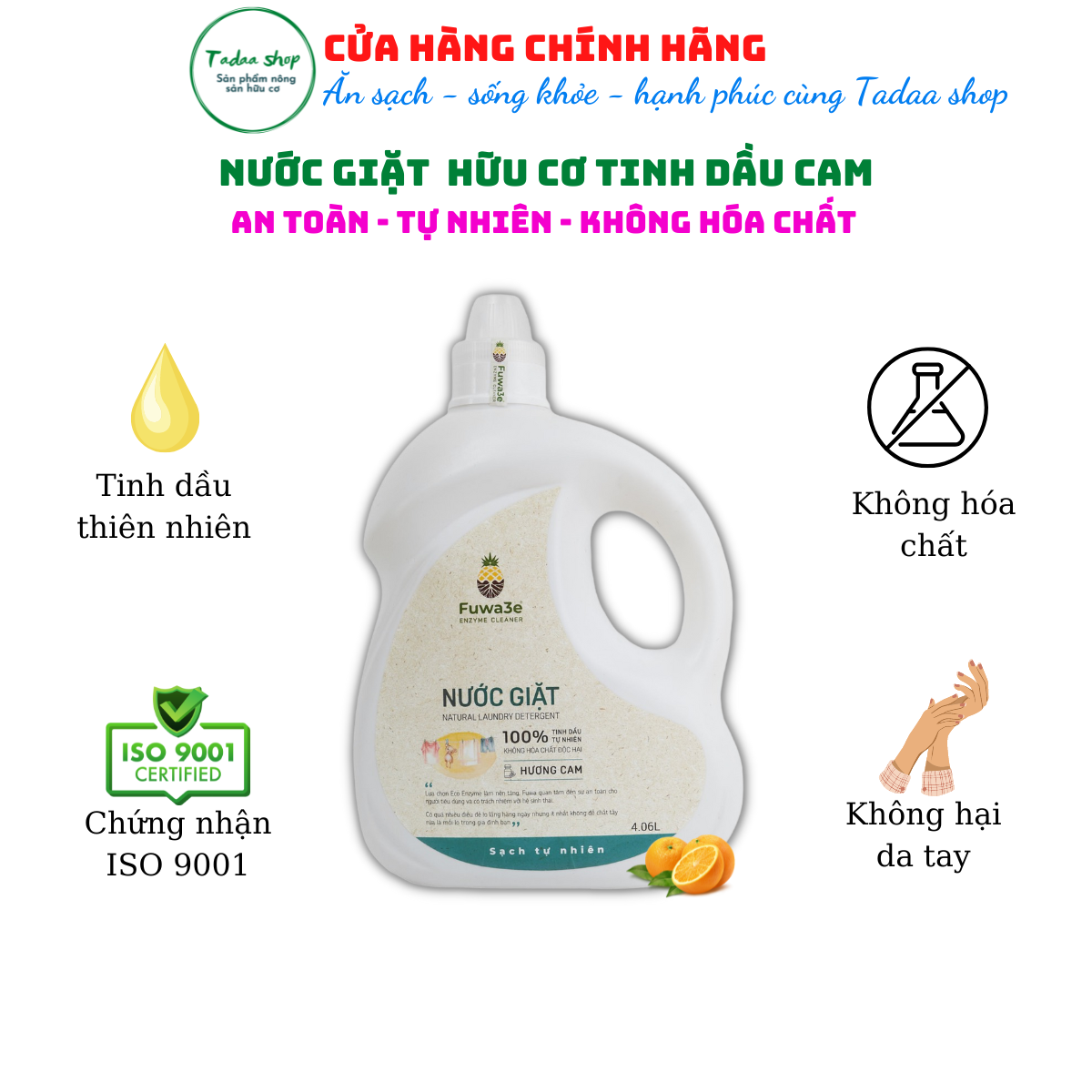 Nước giặt sinh học hữu cơ Fuwa3e tiết kiệm nước, cực sạch, an toàn cho bé hương cam can 4060ml