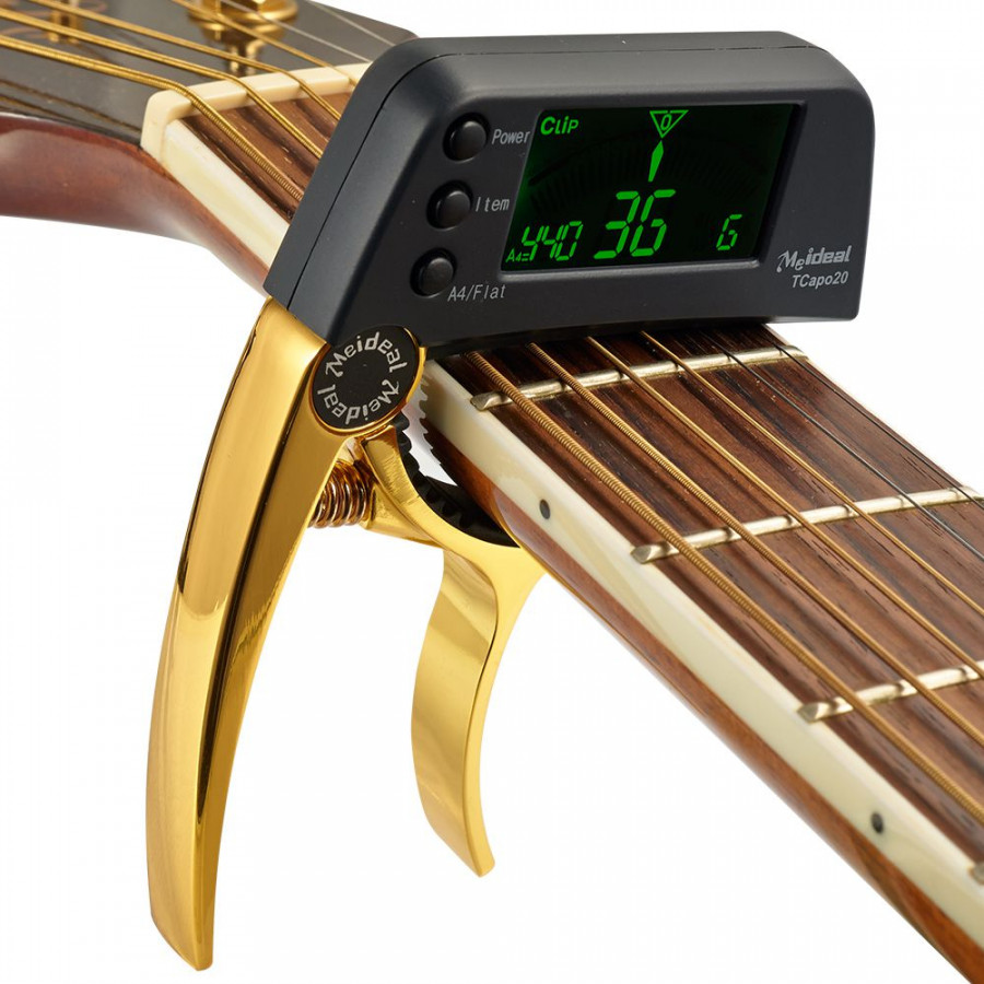 Tcapo20 Multifunctional Aluminum Alloy 2-In-1 Guitar Capo Tuner With Lcd Screen For Normal Acoustic Folk Electric Guitar - Gold