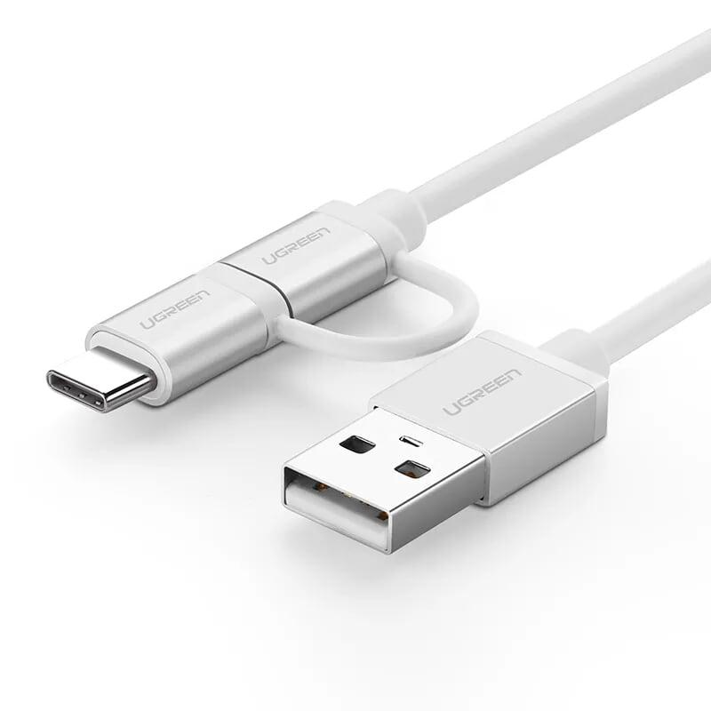 Ugreen UG20872US177TK 1M màu Bạc Cáp USB-A sang Micro USB + USB-C cao cấp - HÀNG CHÍNH HÃNG