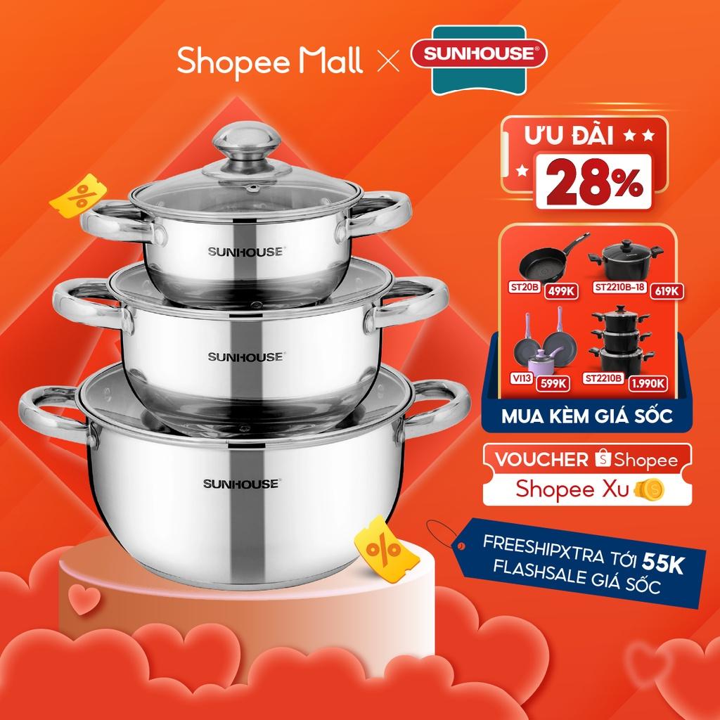 Bộ Nồi Inox 3 Đáy SUNHOUSE SH334 16, 20, 24 cm