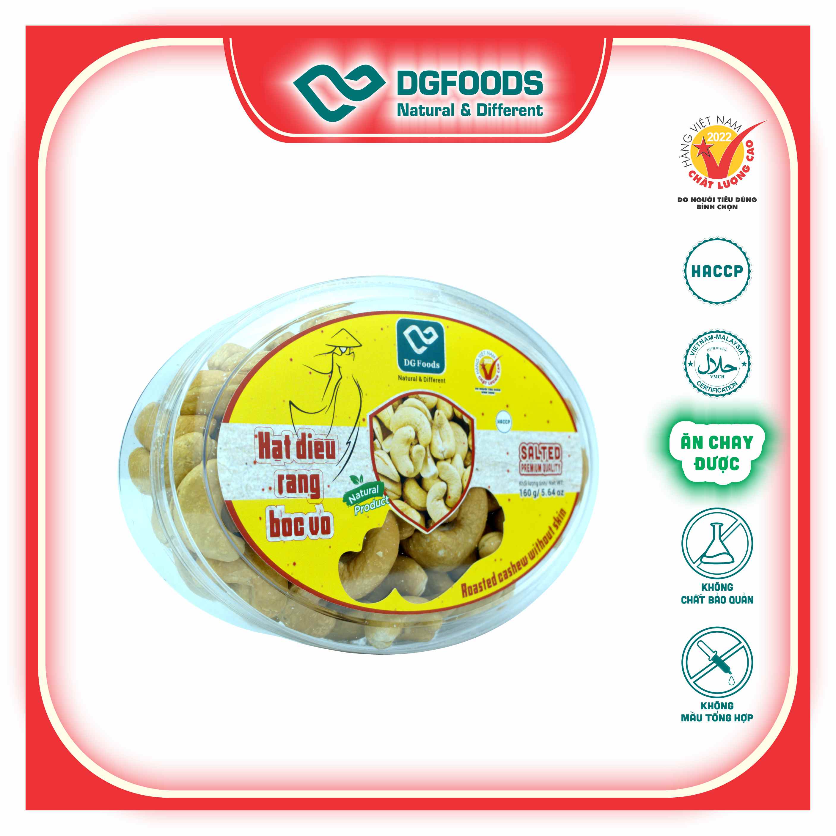 Hạt Điều Rang bóc vỏ Dgfoods 160g/hộp Oval, HVNCLC, Haccp, Halal, Ăn chay, Ăn kiêng, Đặc sản Cần Thơ, hạt điều Bình Phước, hạt dinh dưỡng, quà Tết, hàng Tết, quà tặng, quà tặng cao cấp