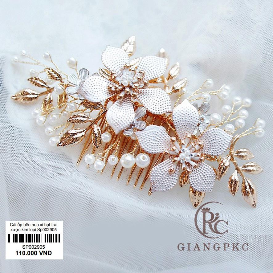 Cài ốp tóc cô dâu một bên hoa xi hạt trai xược kim loại Giangpkc Sp002905