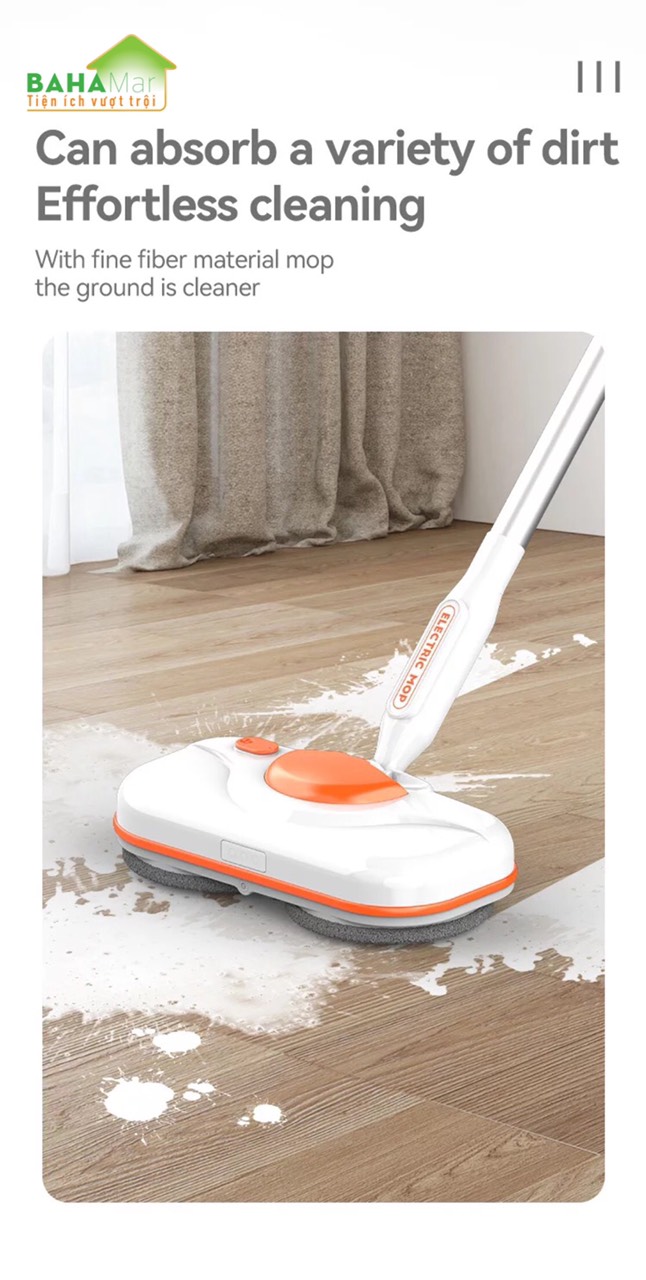 BỘ CÂY LAU NHÀ ĐIỆN KHÔNG DÂY CÓ 2 BÁNH XOAY TỰ ĐỘNG PHUN NƯỚC 3 TRONG 1 "BAHAMAR" Phù hợp dùng: Phòng khách, phòng ngủ, văn phòng, nhà bếp