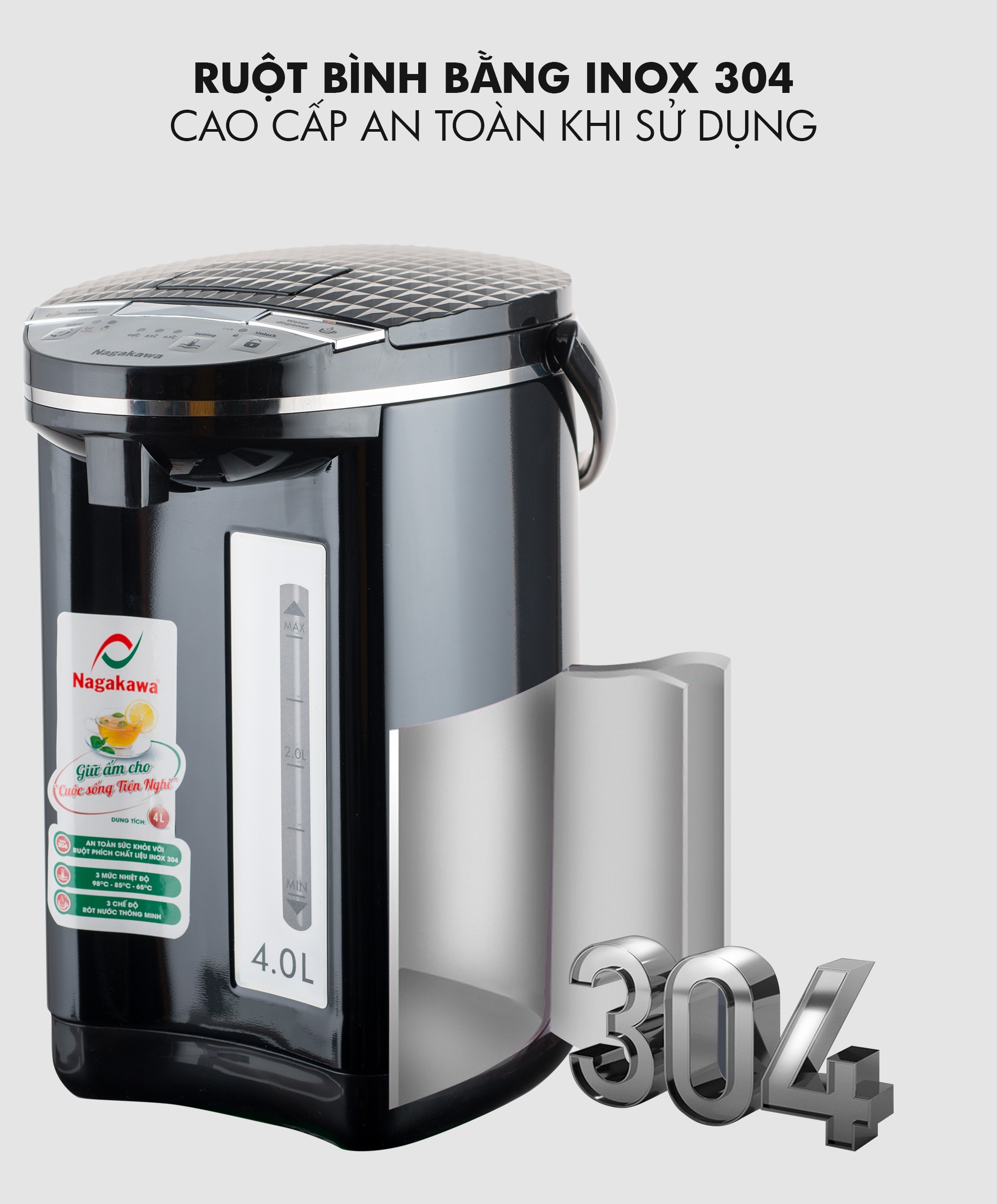 Bình Thủy Điện 3 Mức Nhiệt Nagakawa NAG0404 (4.0 Lít) - Hàng Chính Hãng