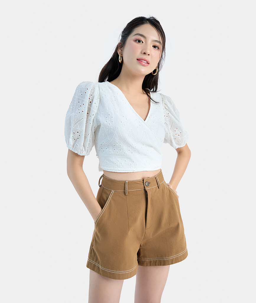 Quần Short Nữ Thời Trang HNOSS Diễu Chỉ Trắng HNQSH014