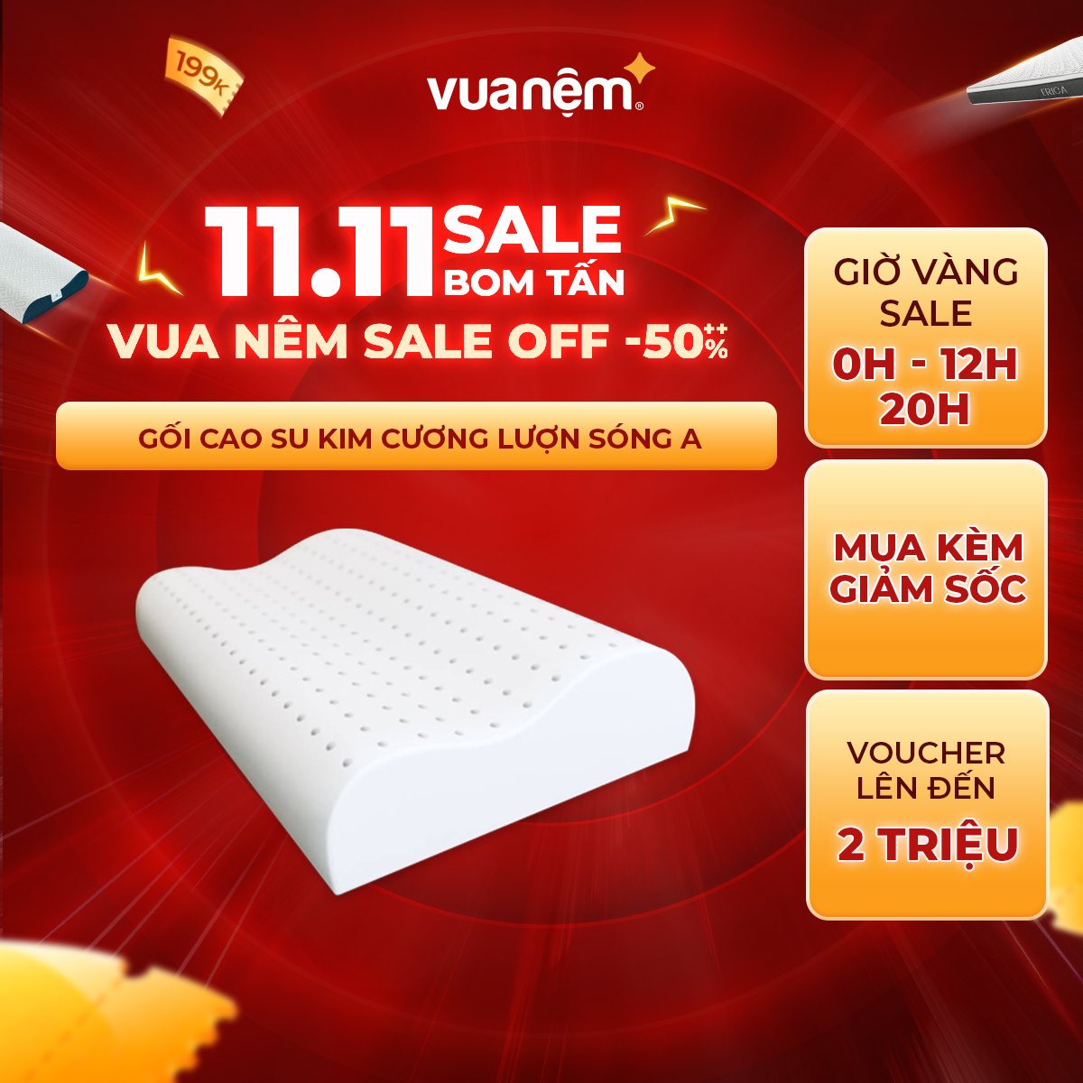 Gối Cao Su Kim Cương Lượn Sóng 44x64cm 100% cao su thiên nhiên nâng đỡ, bảo vệ đốt sống cổ - A