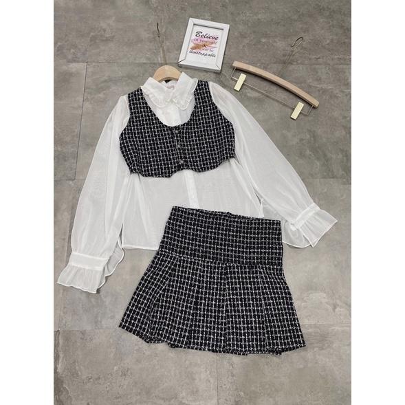 Set 3 Món Dạ Tiêu Áo Sơmi Bèo Mix Áo Gile Chân Váy Dạ Có Ảnh Thật Kèm Video ( Hàng Có Sẵn)
