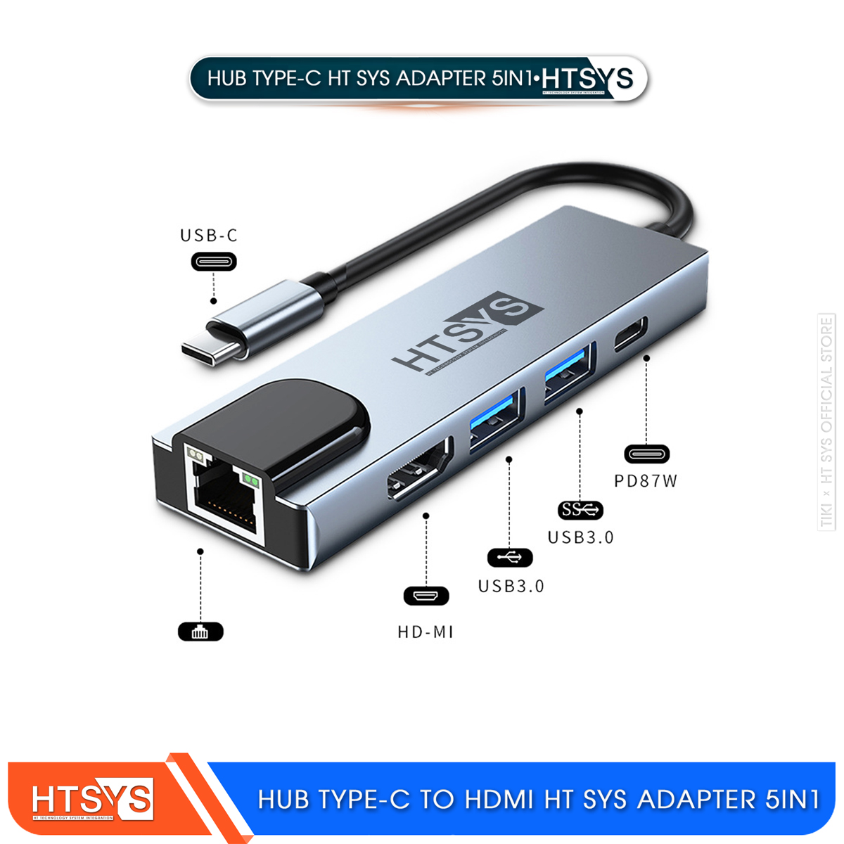 Hub Type C HT SYS 5 in 1 To HDMI, USB 3.0, Lan, PD 100W - Hàng Chính Hãng