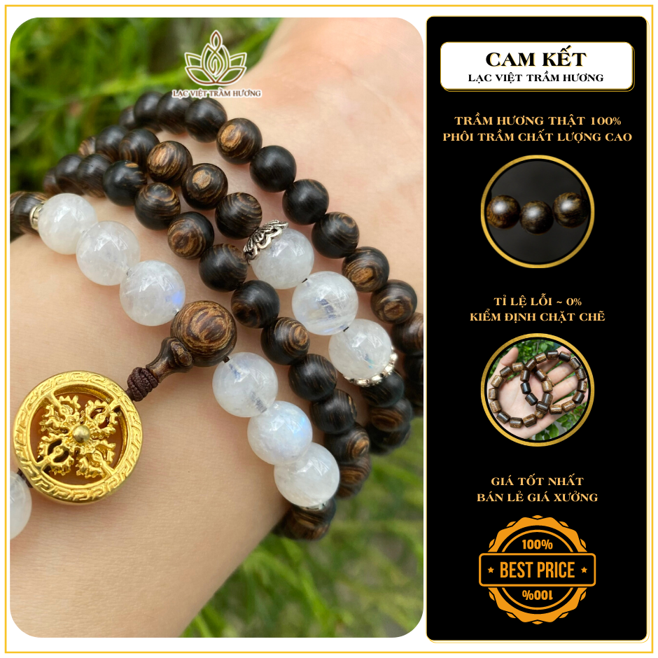 Vòng Tay Trầm Hương 108 Hạt Sánh Chìm Mix Charm Bánh Xe Pháp Luân và Đá Moonstone Phong Thủy - Lạc Việt Trầm Hương