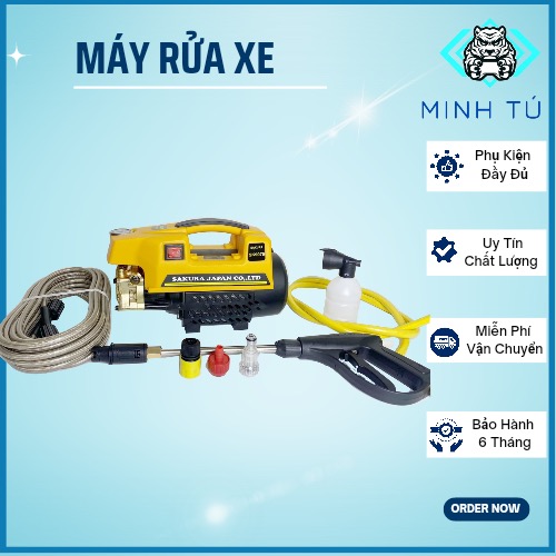 Máy rửa xe áp lực cao, dây 16m, súg dài nửa mét- Hàng công ty - Tặng bình xịt tuyết - Bảo hành 6 tháng