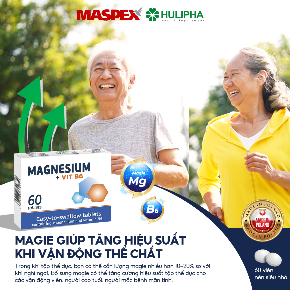 Thực Phẩm Chức Năng Viên  Uống Bổ Sung Magie, Vitamin B6 Magnesium + Vit.B6 MASPEX Hỗ Trợ Giảm Đau Đầu Mệt Mỏi Suy Nhược  Hộp 2 hộp x 60 Viên