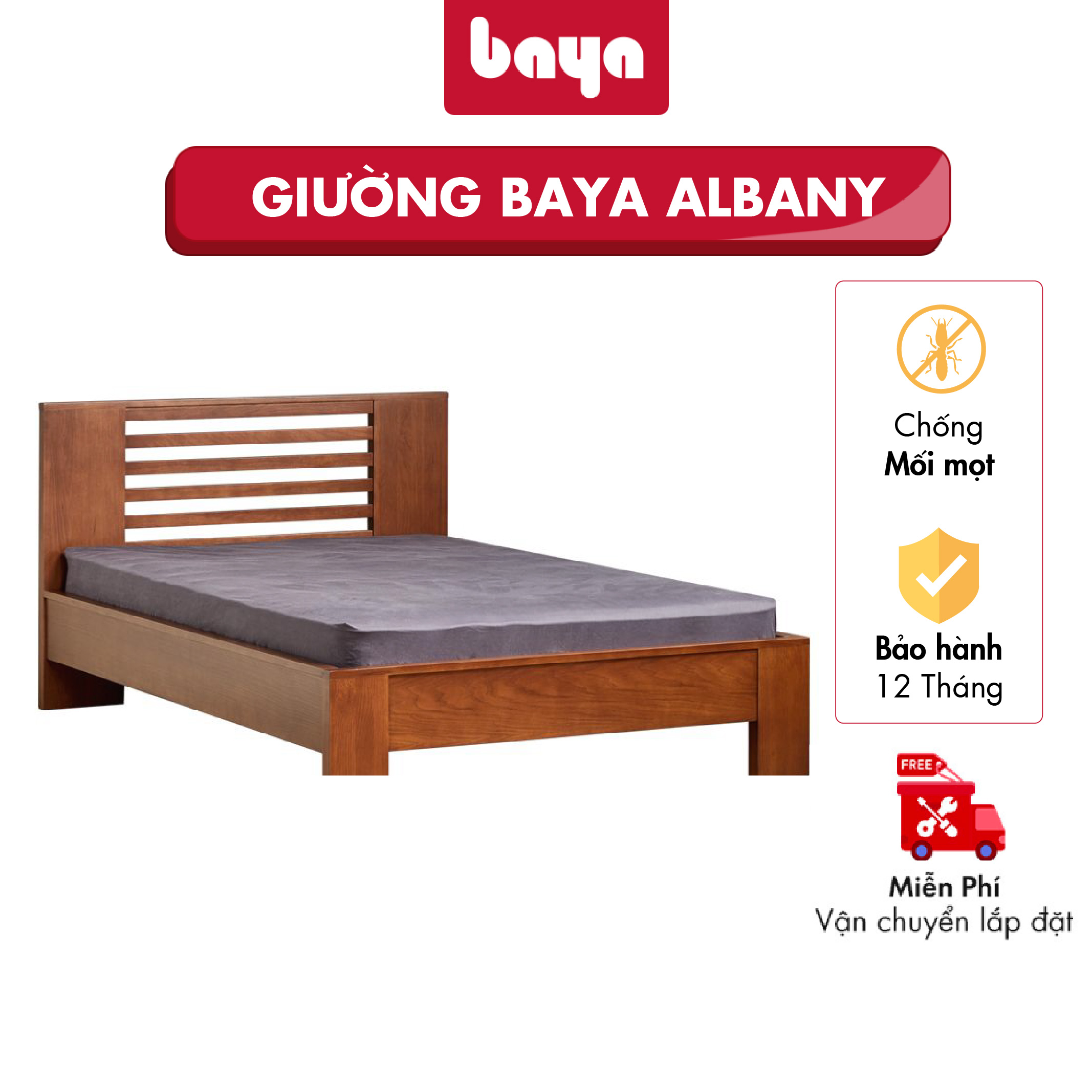 Giường Ngủ Đơn Phong Cách Á Châu BAYA ALBANY Làm Từ Chất Liệu Gỗ Sồi Đặc Kết Hợp Gỗ MDF Phủ Veneer Với Gam Màu Gỗ Đậm, Chiều Rộng 1m2 Phù hợp Cho Một Người 5045