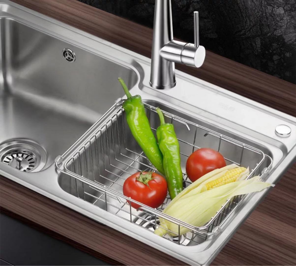 Rổ inox 304 treo bồn rửa chén-kiểu căng đơn phương