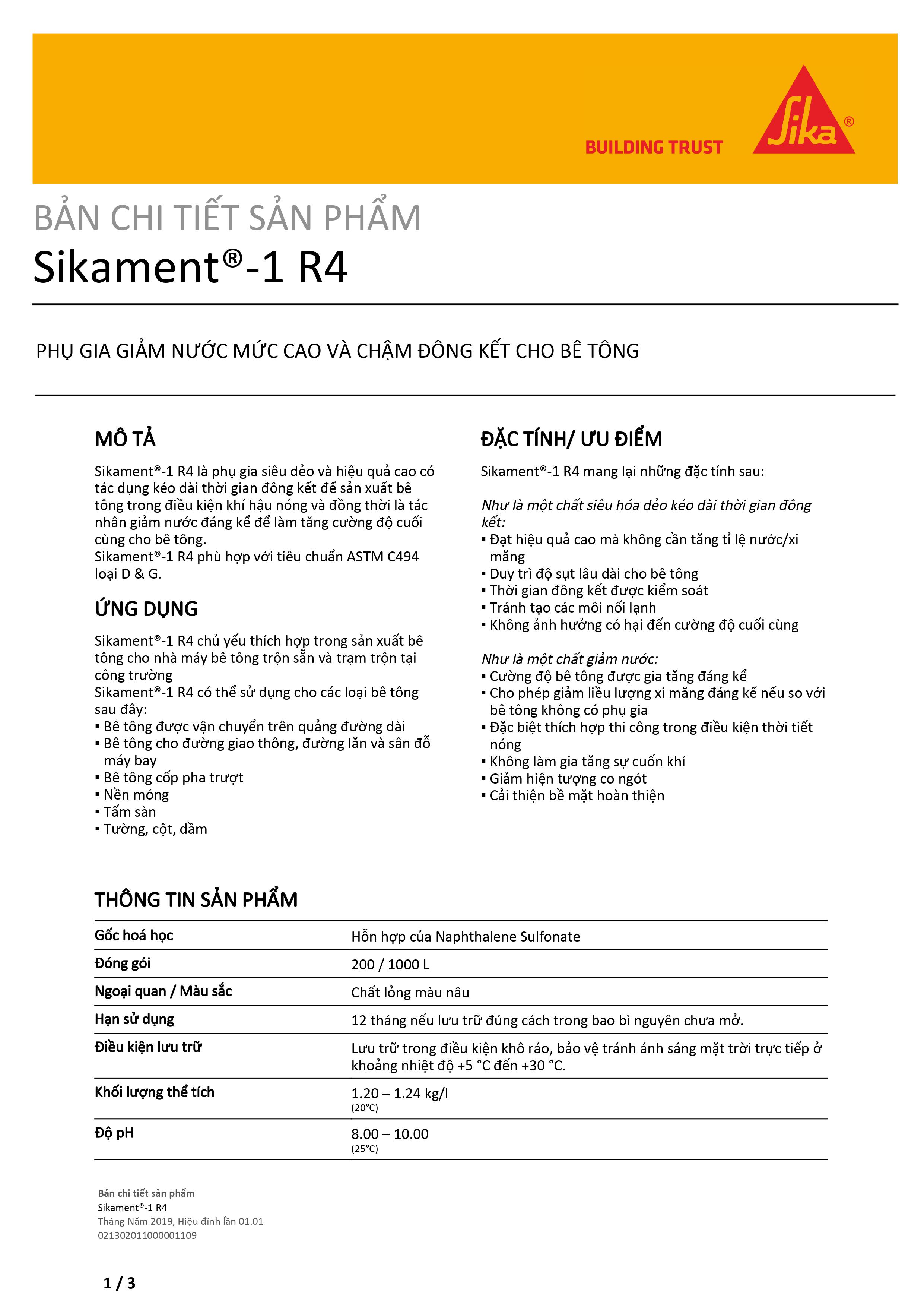 Phụ gia bê tông cao tầng giúp giảm nước, kéo dài thời gian ninh kết bê tông - Sikament- 1 R4 (thùng 25lít)