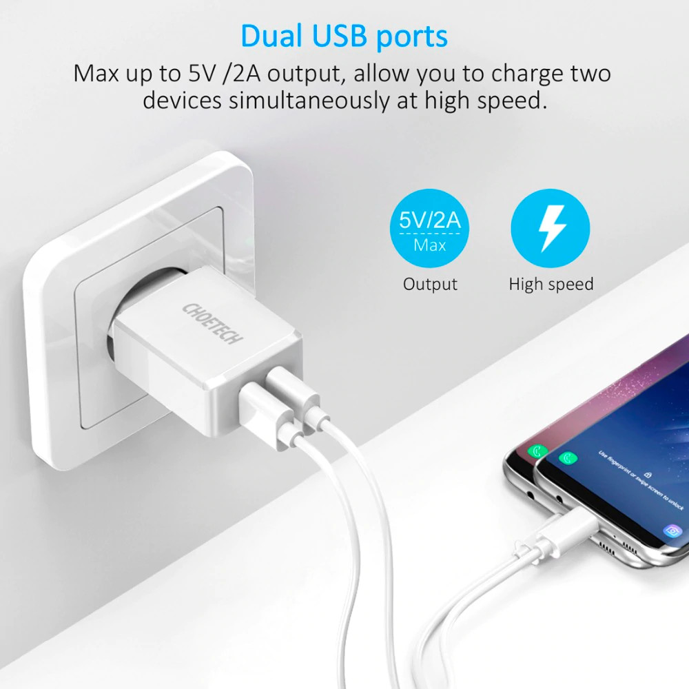 Cóc củ sạc nhanh Dual USB hiệu CHOETECH C0030 cho điện thoại / máy tính bảng hỗ trợ sạc nhanh 5V-2A trang bị chip bảo vệ thông minh, thiết kế nhỏ gọn - Hàng chính hãng