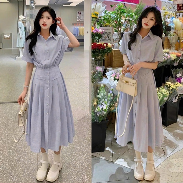 ĐẦM DÀI MIDI SUÔNG CỔ SƠ MI XANH BABY BLUE PASTEL SỌC TAY NGẮN XẾP LY XÒE MAXI DẠO PHỐ ĐI TIỆC ĐI BIỂN ĐI CHƠI CÔNG SỞ