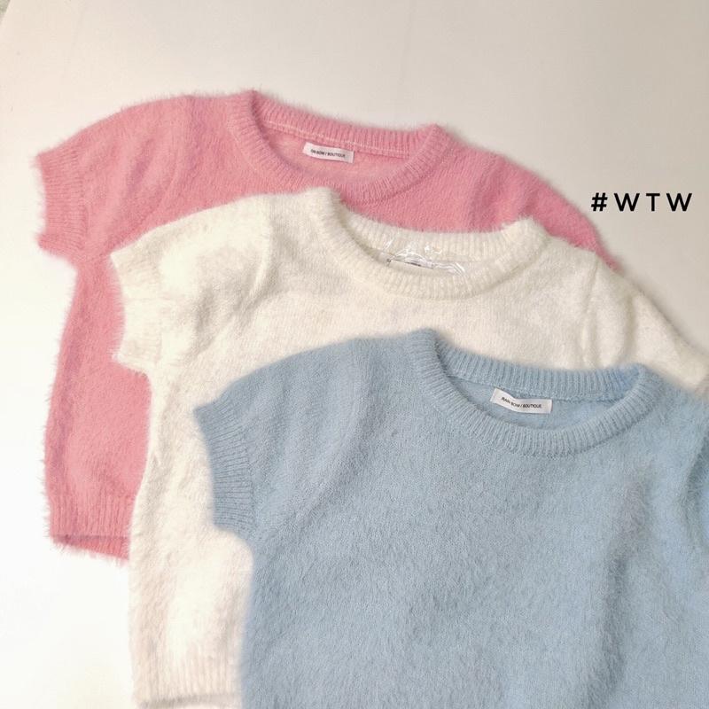 Áo croptop len lông thỏ cổ tròn kín tay ngắn