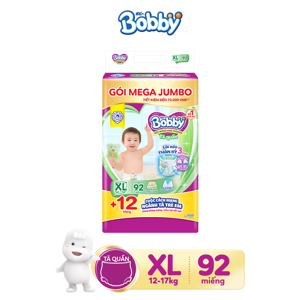 [Tặng thêm 8 miếng] Tã/bỉm quần Bobby 3mm Gạo non XL84