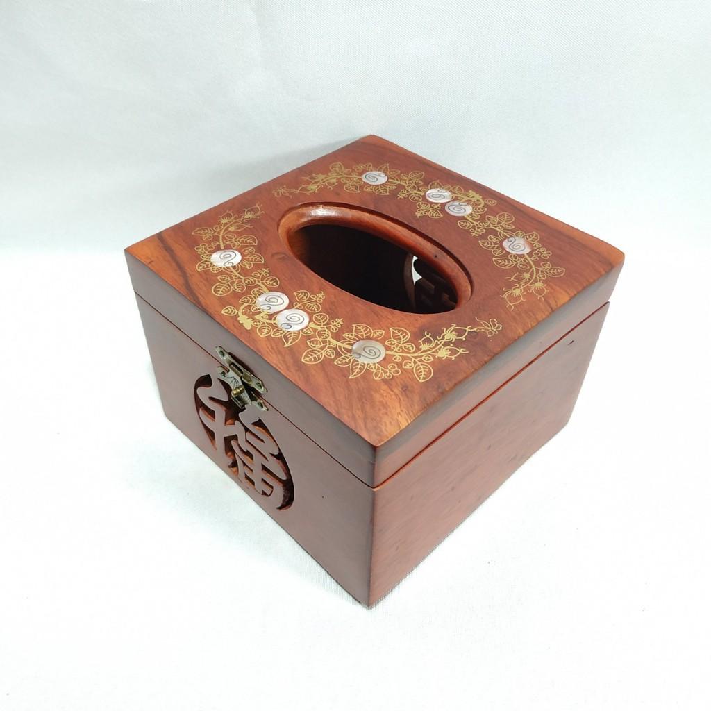 Hộp đựng giấy ăn Vuông ELAI GỖ HƯƠNG khảm hoa văn CAO CẤP