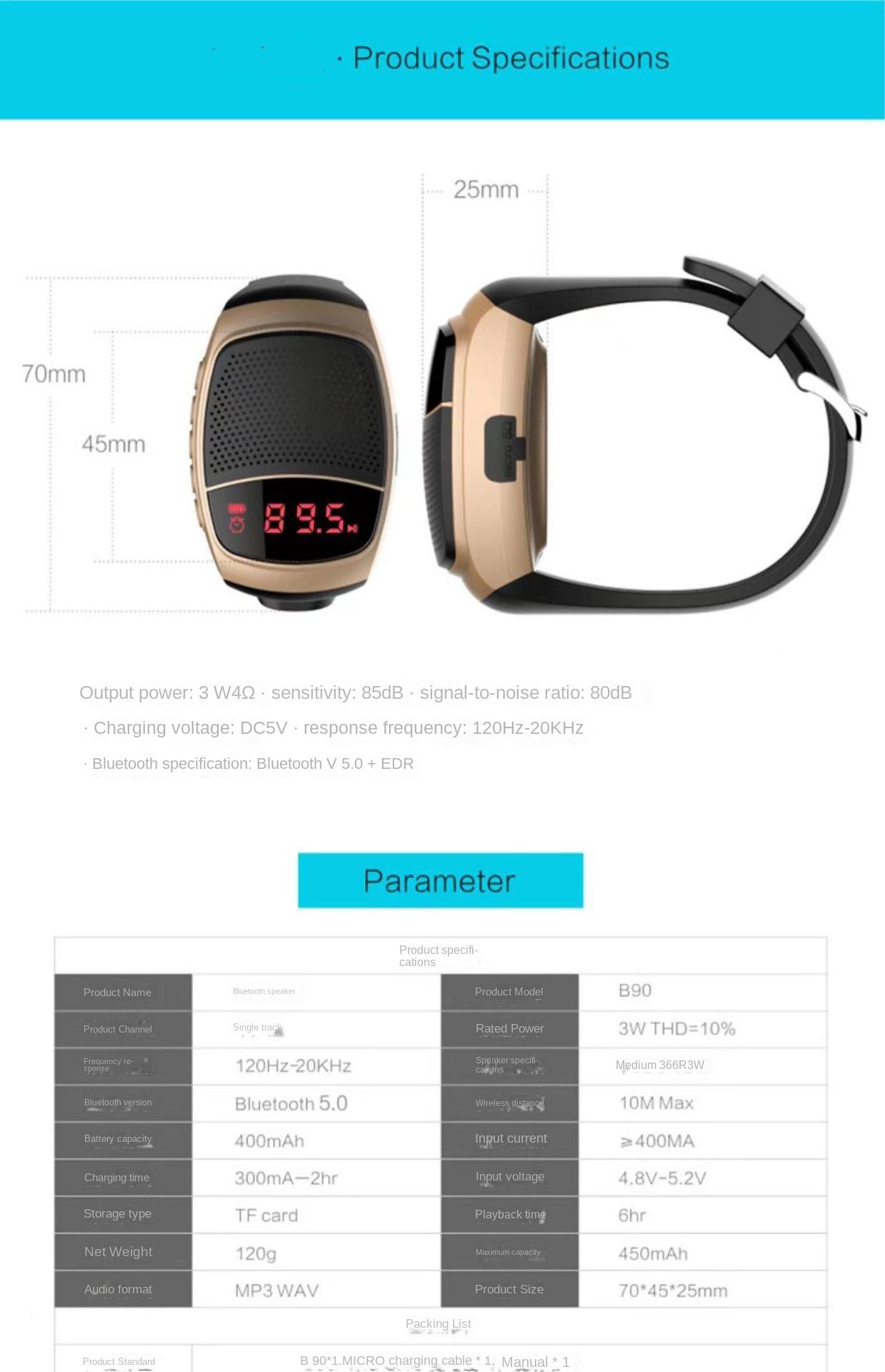 Loa Bluetooth không dây đeo tay B90 đồng hồ mini âm thanh thể thao ngoài trời màn hình thông minh đài cắm thẻ cắm di động Màu sắc: Bạc