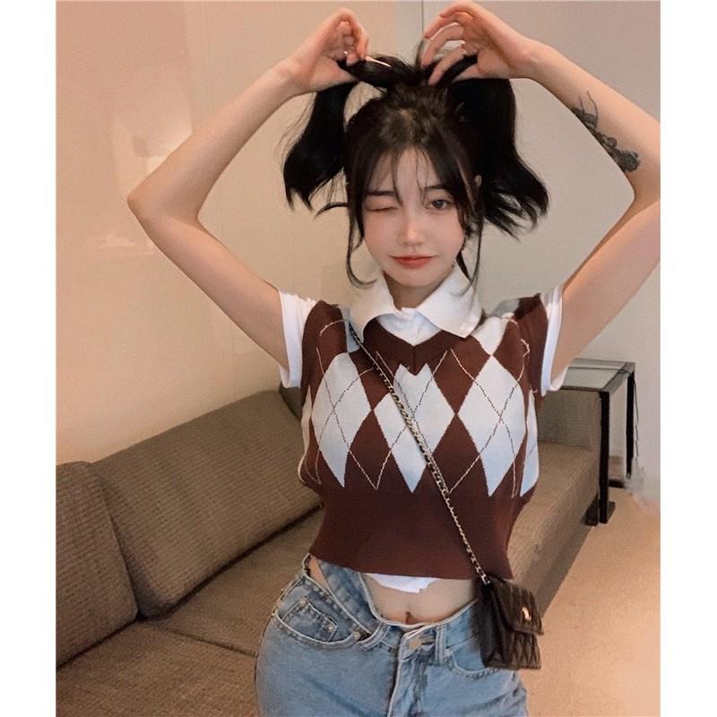 Set áo polo mix gile croptop kẻ caro phong cách highteen