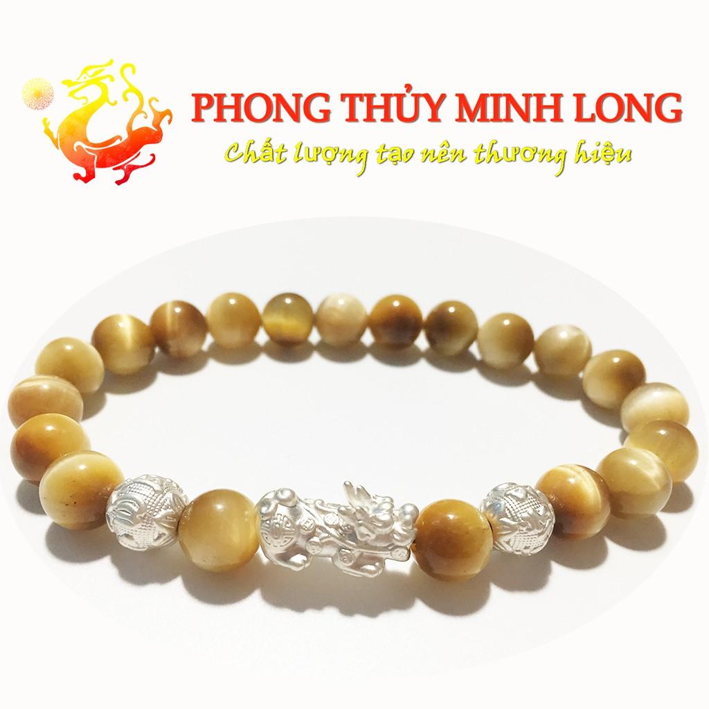 Vòng tay đá Mắt Hổ Vàng Tâm chất lượng 5A mix Tỳ Hưu và 2 Hạt Kim Tiền Bạc hợp mệnh Thổ và mệnh Kim