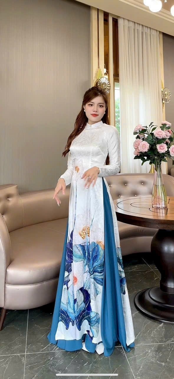 Set áo dài gấm truyền thống in hoa 6D tay dài duyên dáng