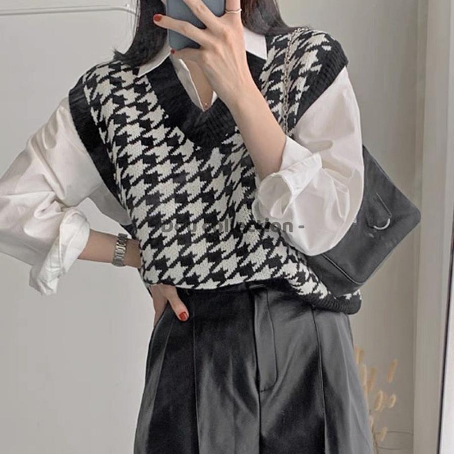Áo Gile Họa Tiết Caro Vintage Áo Len Không Tay Dáng Xuông Cá Tính Thời Trang Thu Đông - Mã TA001
